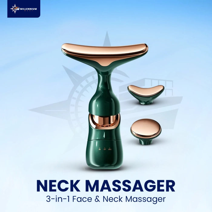 Green neck massager with rose gold accents on a light blue background, featuring the Millennium brand.