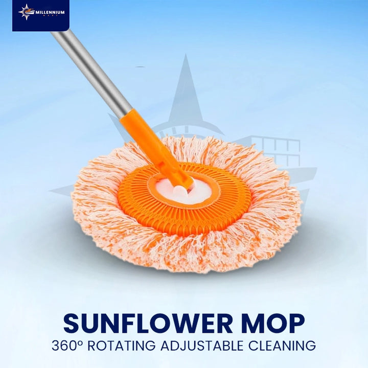 A sunflower-style floor mop with a silver handle, orange central hub, and white/orange microfiber head, shown on a light blue background with text reading 'SUNFLOWER MOP 360° ROTATING ADJUSTABLE CLEANING' and a Millennium logo in the top left.
