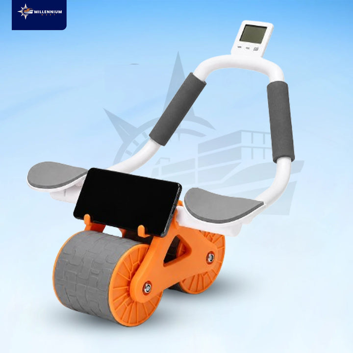 An abdominal exercise wheel with an integrated smartphone holder displaying a fitness app, featuring a white handlebar with gray foam grips, gray footrests, and orange wheels with gray tread, set against a light blue gradient background.