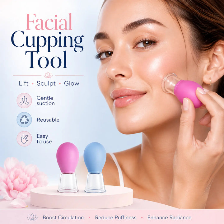A woman applies a pink facial cupping tool to her cheek in a beauty ad. The image includes text reading 'Facial Cupping Tool' and feature icons for gentle suction, reusable use, and easy to use, with two cupping tools in pink and blue displayed on a stand.